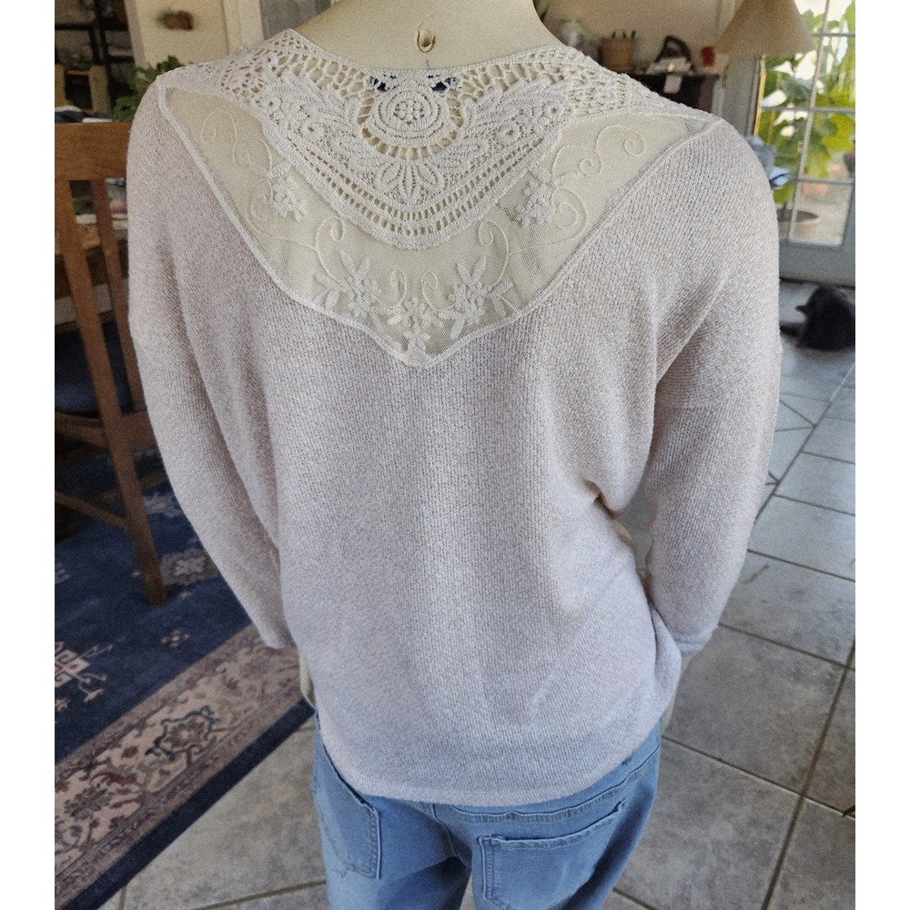 American Eagle Women's M Sweater‎ Open Knit Crochet Sheer Mesh Cream Boho Fairy
